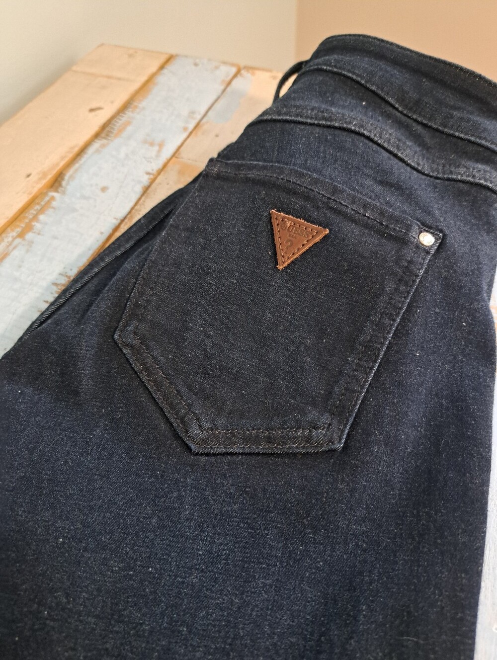 Womans Dark Wash Black Jeans with Leather Triangle Patch